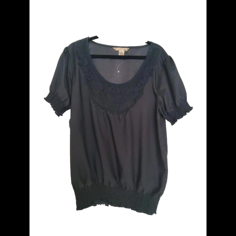 Ecologie Ladies Black Shortsleeve Shirt Lace Front Elastic Arms Waist Medium